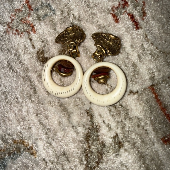 Jewelry - 1960 Vintage Clip On’s Gold and Cream Hoop Earrings